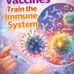 Illustration showing a vaccine injection training the immune system, with antibodies attacking virus particles and immune memory cells forming protection against infection.