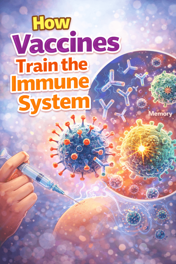 Illustration showing a vaccine injection training the immune system, with antibodies attacking virus particles and immune memory cells forming protection against infection.