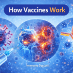 Illustration showing how vaccines train the immune system to produce antibodies that fight viruses and bacteria.