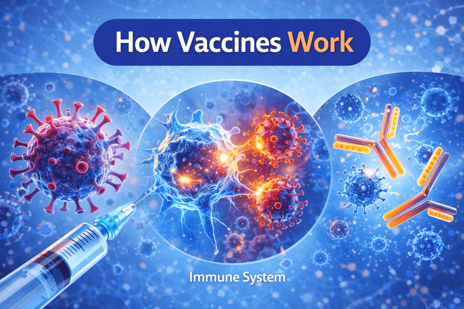 Illustration showing how vaccines train the immune system to produce antibodies that fight viruses and bacteria.