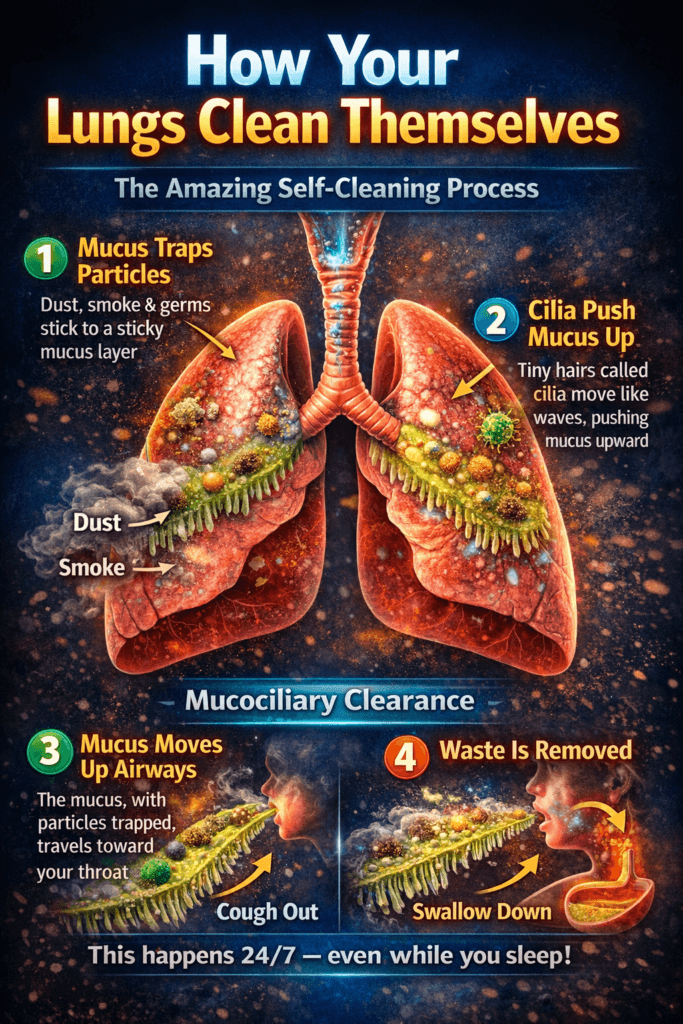 illustration showing how lungs clean themselves using mucus and cilia to remove dust, smoke, and germs through mucociliary clearance