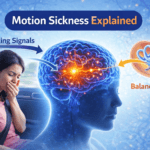 Illustration showing motion sickness caused by conflicting signals between the eyes, brain, and inner ear balance system.