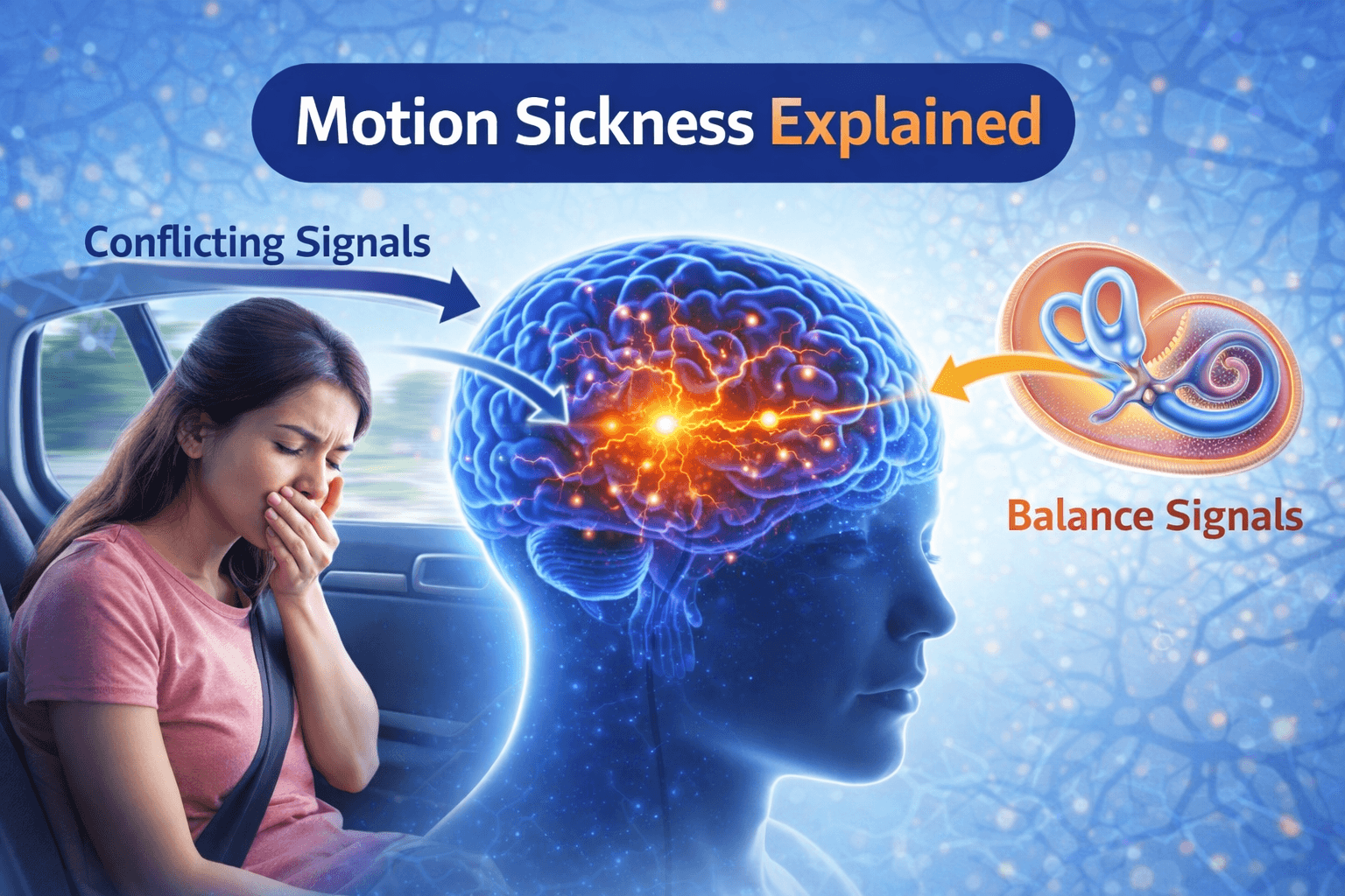 Illustration showing motion sickness caused by conflicting signals between the eyes, brain, and inner ear balance system.