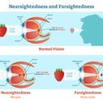 Infographic explaining why people have weaker vision showing nearsightedness, farsightedness, and human eye anatomy.