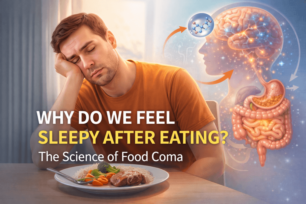 Man feeling sleepy after eating a meal with illustration of brain and digestive system explaining why people feel tired after food.