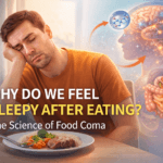 Man feeling sleepy after eating a meal with illustration of brain and digestive system explaining why people feel tired after food.