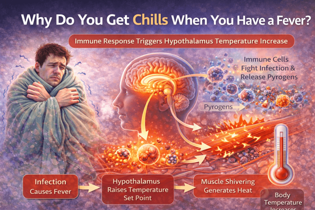 Why you get chills during fever – infographic showing immune cells, hypothalamus, and heat-producing muscle shivering.
