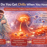 Why you get chills during fever – infographic showing immune cells, hypothalamus, and heat-producing muscle shivering.