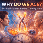 Illustration showing a young man and an elderly man facing each other with a glowing DNA strand and telomeres between them, representing the science of aging and cellular changes over time.
