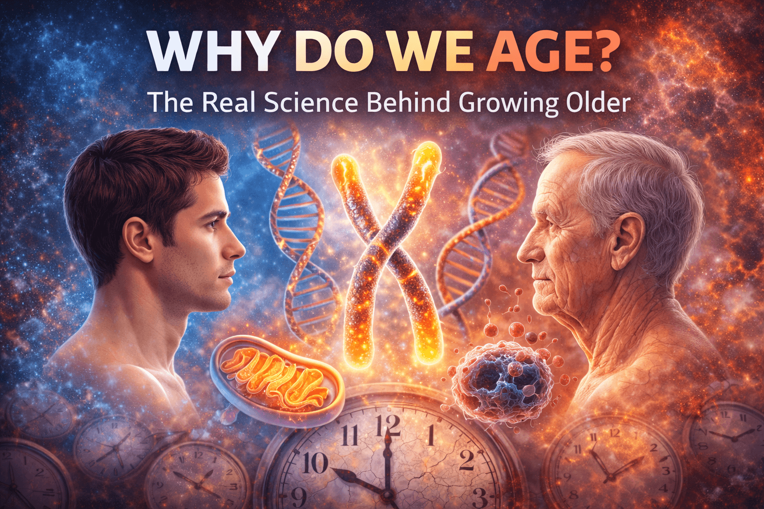 Illustration showing a young man and an elderly man facing each other with a glowing DNA strand and telomeres between them, representing the science of aging and cellular changes over time.