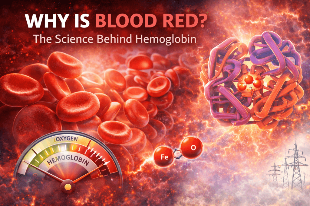 Educational illustration showing red blood cells and a hemoglobin molecule carrying oxygen, explaining why blood is red due to iron in hemoglobin.