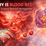Educational illustration showing red blood cells and a hemoglobin molecule carrying oxygen, explaining why blood is red due to iron in hemoglobin.