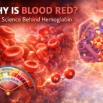 Educational illustration showing red blood cells and a hemoglobin molecule carrying oxygen, explaining why blood is red due to iron in hemoglobin.
