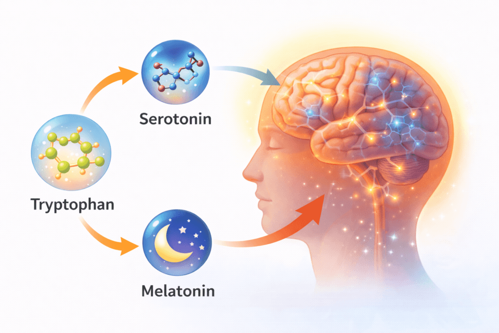 scientific diagram showing tryptophan converting into serotonin and melatonin in the brain, simple medical illustration, brain glowing softly, educational science style