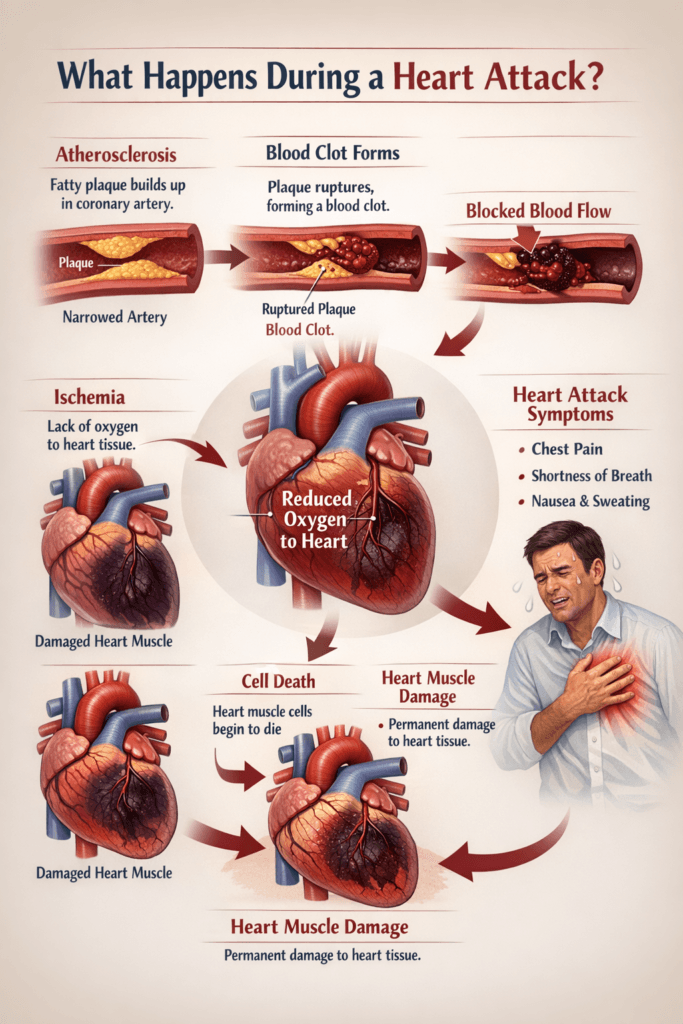 Infographic showing what happens during a heart attack: plaque buildup in coronary artery, rupture forming a blood clot, blocked blood flow, reduced oxygen supply to the heart, ischemia, heart muscle cell death, and symptoms like chest pain, sweating, and shortness of breath.