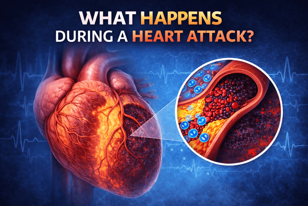 Medical illustration showing what happens during a heart attack, including a blocked coronary artery with plaque and clot formation causing oxygen deprivation to heart muscle tissue.