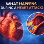 Medical illustration showing what happens during a heart attack, including a blocked coronary artery with plaque and clot formation causing oxygen deprivation to heart muscle tissue.