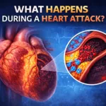 Medical illustration showing what happens during a heart attack, including a blocked coronary artery with plaque and clot formation causing oxygen deprivation to heart muscle tissue.