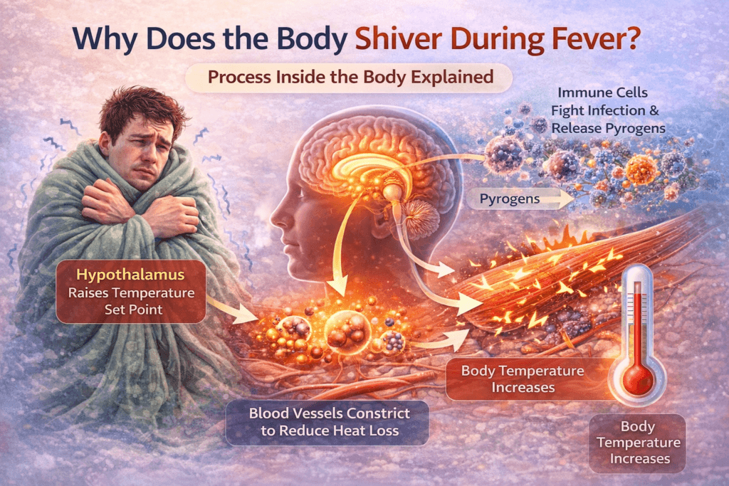 Medical infographic explaining why the body shivers during fever showing hypothalamus temperature control, immune response, and muscle shivering.