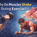 Illustration showing muscles shaking during exercise with muscle fibers and nerve signals.