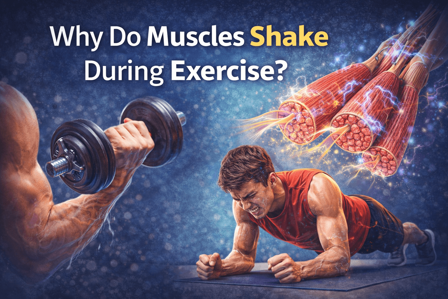 Illustration showing muscles shaking during exercise with muscle fibers and nerve signals.