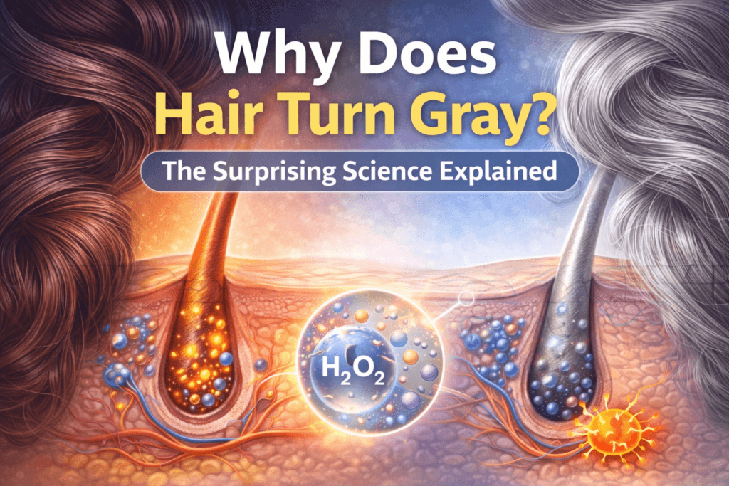 Why hair turns gray – medical illustration showing melanin pigment loss and hydrogen peroxide buildup.