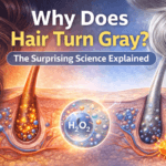 Why hair turns gray – medical illustration showing melanin pigment loss and hydrogen peroxide buildup.
