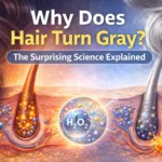 Why hair turns gray – medical illustration showing melanin pigment loss and hydrogen peroxide buildup.