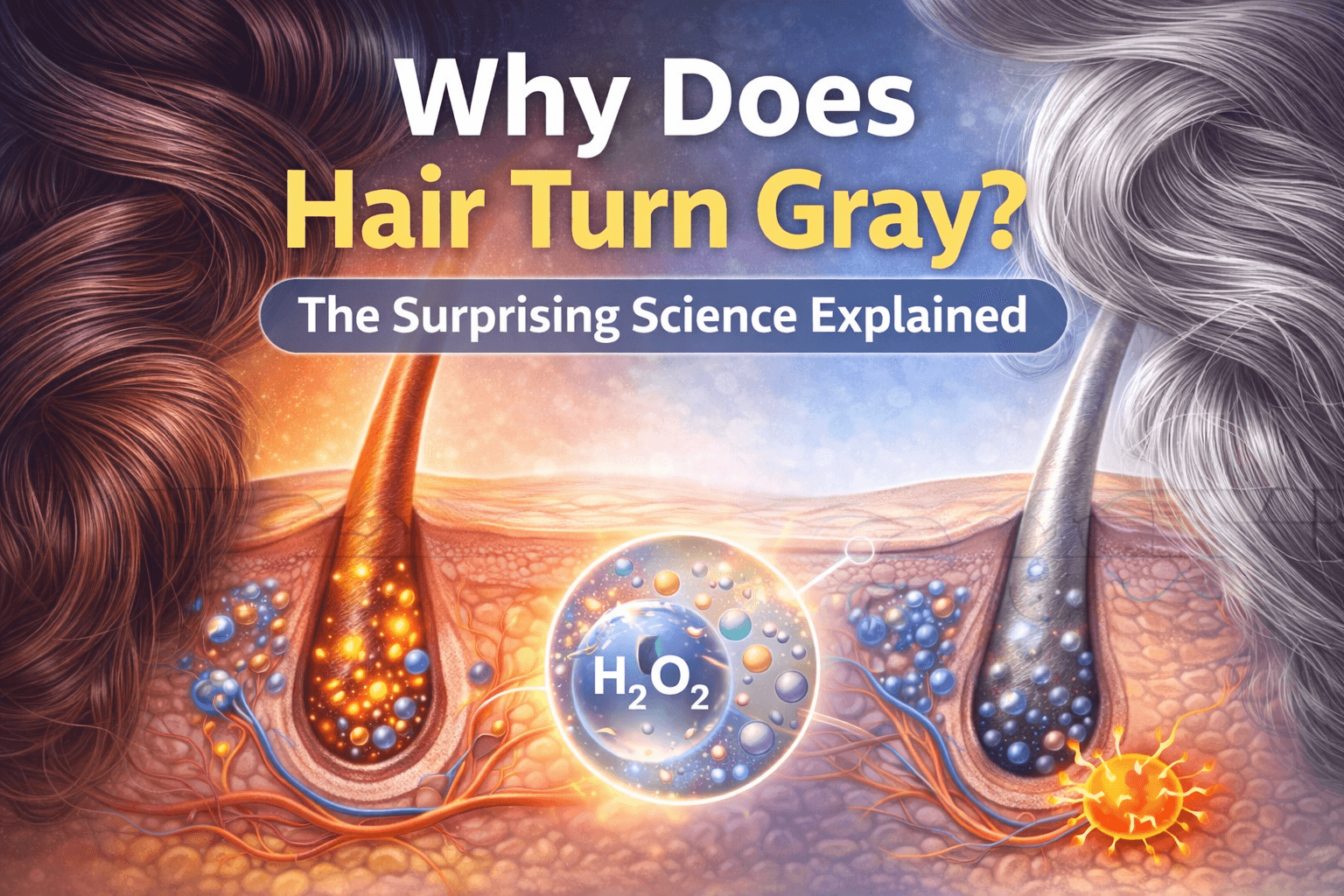 Why hair turns gray – medical illustration showing melanin pigment loss and hydrogen peroxide buildup.