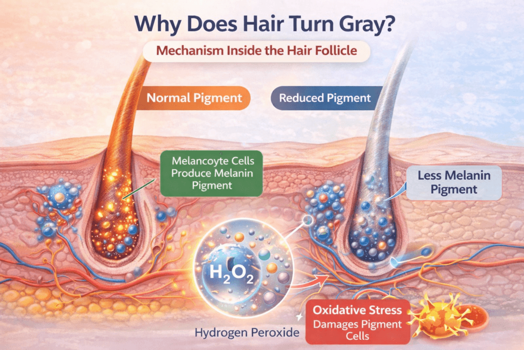 Why hair turns gray – diagram showing melanin pigment loss and oxidative stress in hair follicles