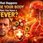 Illustration showing what happens inside the body during a fever, including a sick man with a thermometer, glowing brain, inflamed lungs, immune cells attacking viruses, and a rising body temperature concept.