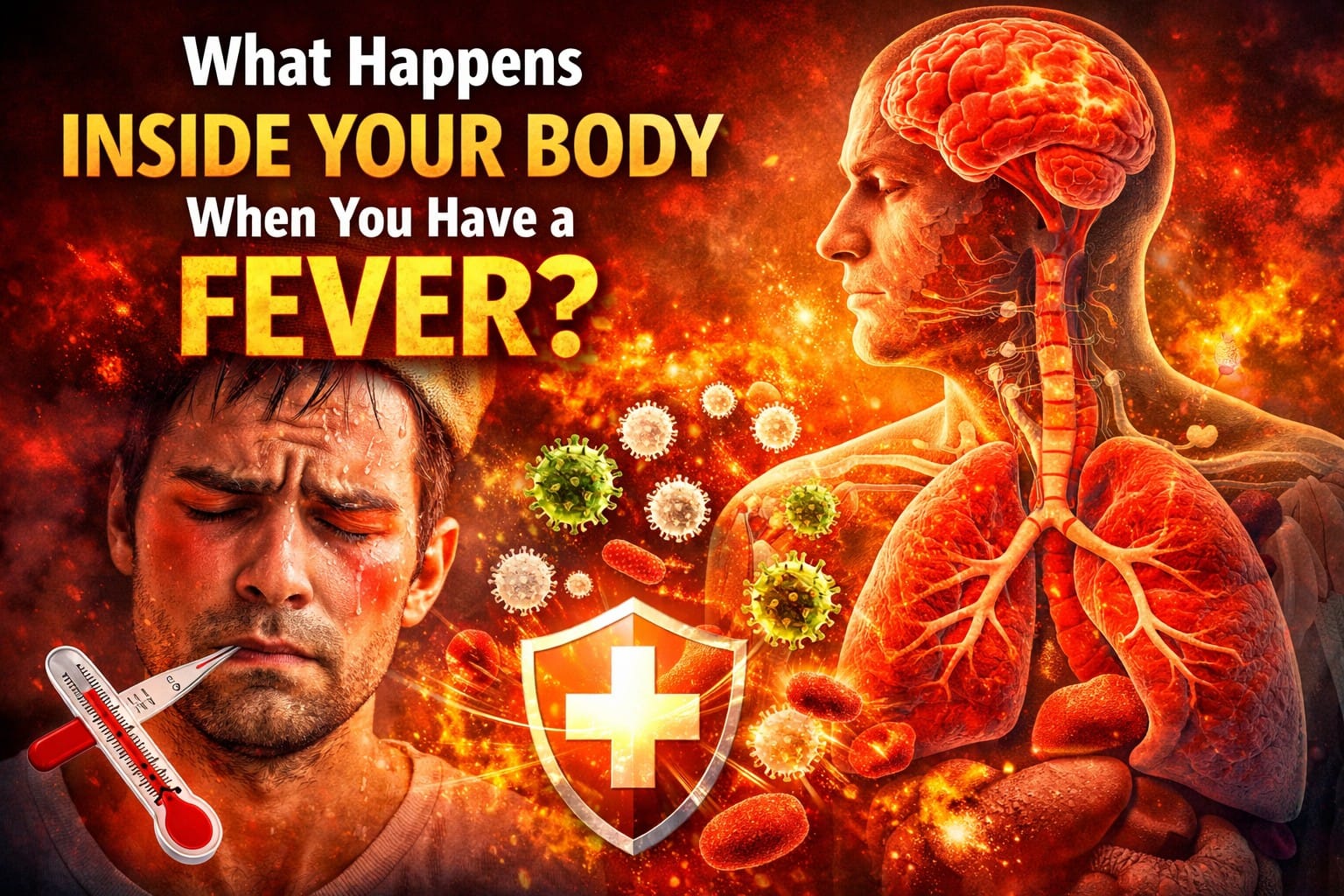 Illustration showing what happens inside the body during a fever, including a sick man with a thermometer, glowing brain, inflamed lungs, immune cells attacking viruses, and a rising body temperature concept.