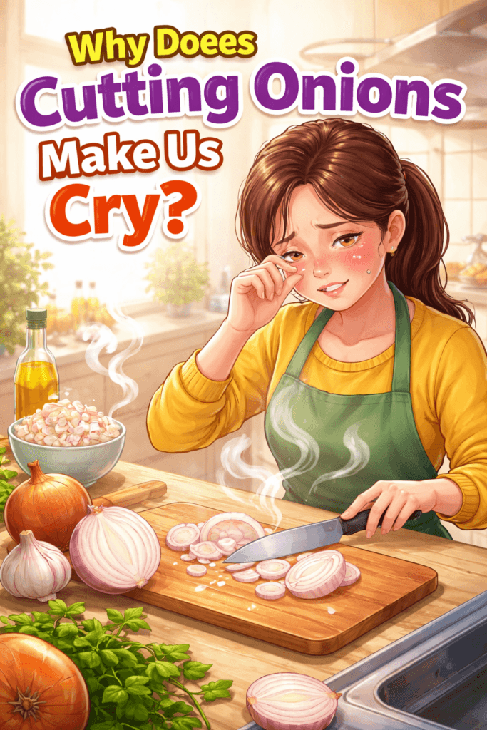 Person crying while cutting onions on a kitchen chopping board, illustrating the science behind why cutting onions makes our eyes tear.