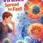 Illustration showing a person coughing and releasing virus droplets, with microscopic virus particles infecting human cells, explaining why viruses spread so quickly.