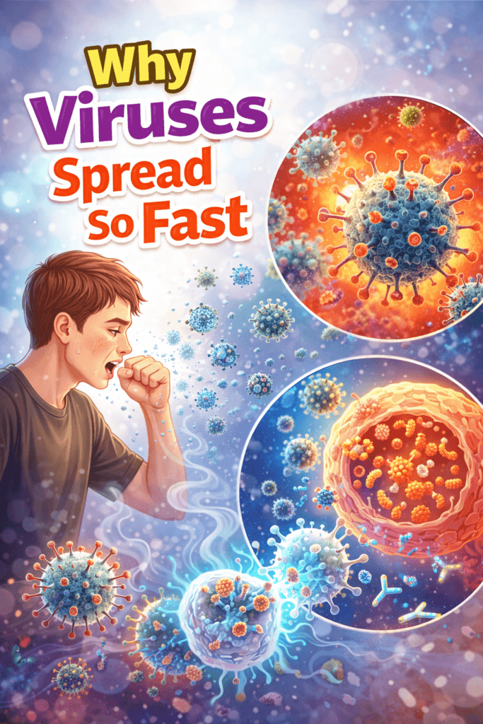 Illustration showing a person coughing and releasing virus droplets, with microscopic virus particles infecting human cells, explaining why viruses spread so quickly.