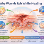 Why wounds itch while healing – infographic showing skin repair and nerve regeneration process.