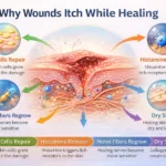 Why wounds itch while healing – infographic showing skin repair and nerve regeneration process.