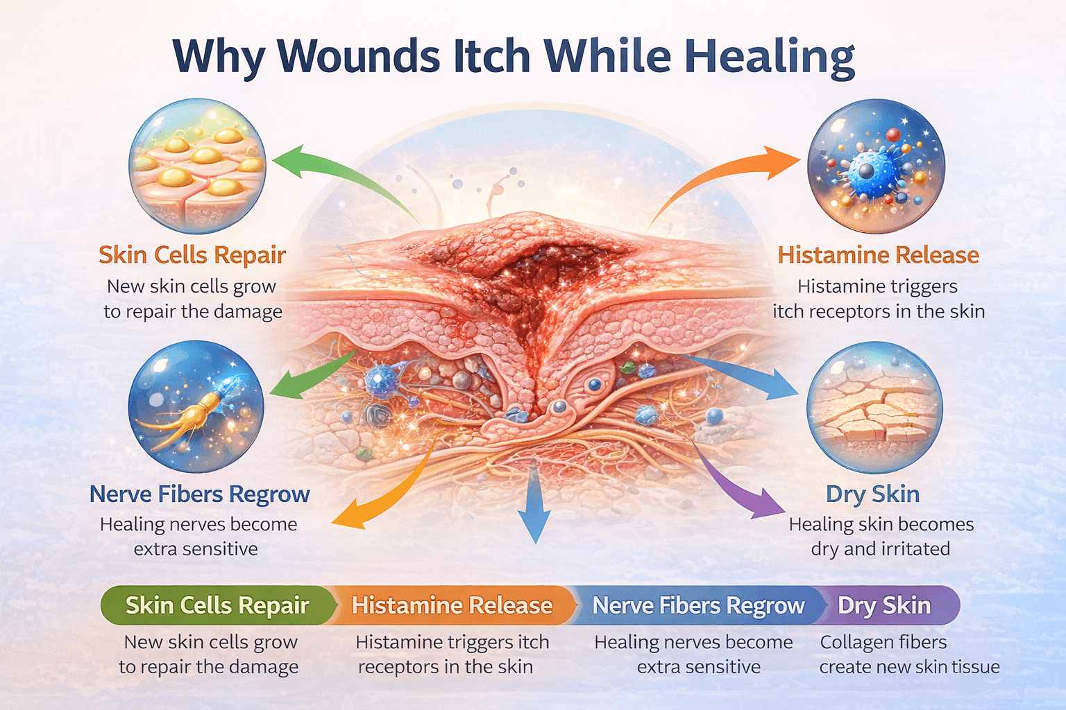 Why wounds itch while healing – infographic showing skin repair and nerve regeneration process.