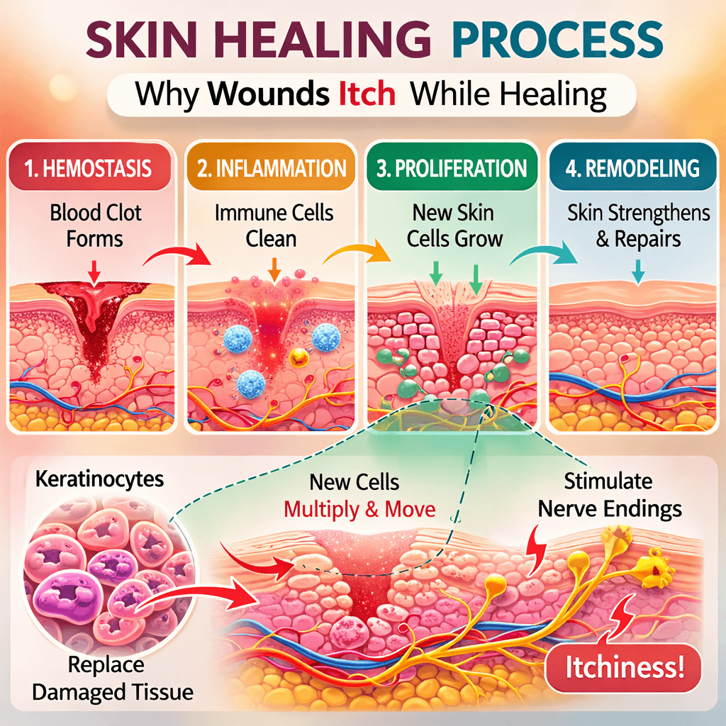 Scientific illustration explaining why wounds itch during healing with keratinocyte growth and nerve regeneration.