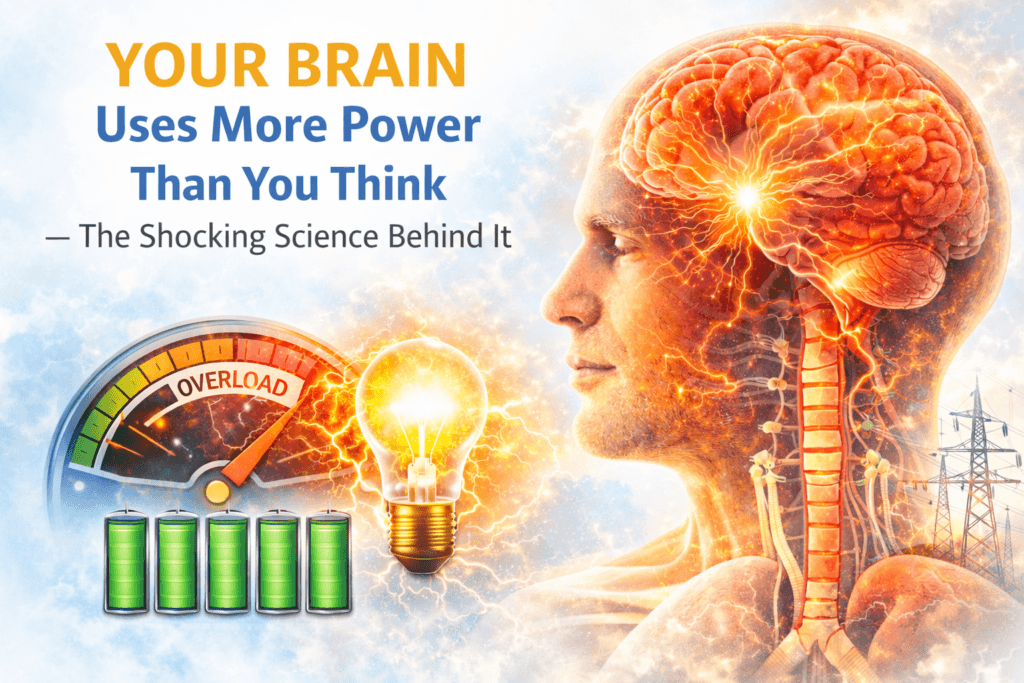 Bright educational illustration showing a glowing human brain generating electrical energy, with a power gauge, light bulb, and battery icons representing high brain energy consumption.