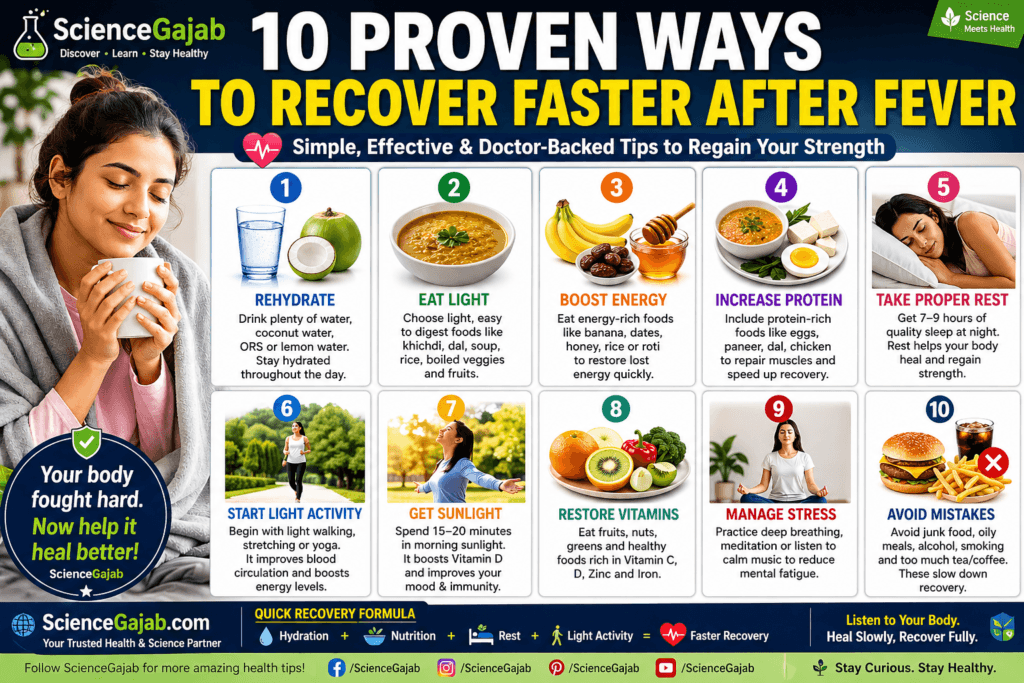 Infographic showing 10 proven ways to recover faster after fever including hydration, light diet, energy foods, protein intake, proper rest, light exercise, sunlight, vitamins, stress management, and avoiding junk food, with ScienceGajab branding and a person drinking warm beverage symbolizing recovery.