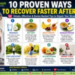 Infographic showing 10 proven ways to recover faster after fever including hydration, light diet, energy foods, protein intake, proper rest, light exercise, sunlight, vitamins, stress management, and avoiding junk food, with ScienceGajab branding and a person drinking warm beverage symbolizing recovery.