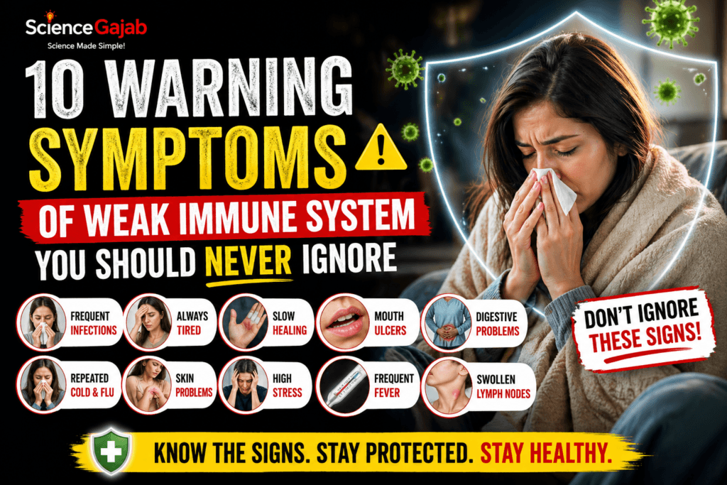 Featured image showing a woman with cold symptoms inside a protective shield, surrounded by virus icons, with bold text “10 Warning Symptoms of Weak Immune System You Should Never Ignore,” highlighting signs like frequent infections, fatigue, slow healing, mouth ulcers, digestive issues, stress, and fever, designed