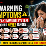 Featured image showing a woman with cold symptoms inside a protective shield, surrounded by virus icons, with bold text “10 Warning Symptoms of Weak Immune System You Should Never Ignore,” highlighting signs like frequent infections, fatigue, slow healing, mouth ulcers, digestive issues, stress, and fever, designed