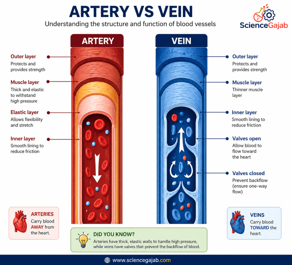 Artery vs vein diagram showing structural differences with labeled layers (outer, muscle, elastic, inner), blood flow direction, and venous valves preventing backflow; educational medical infographic for students.