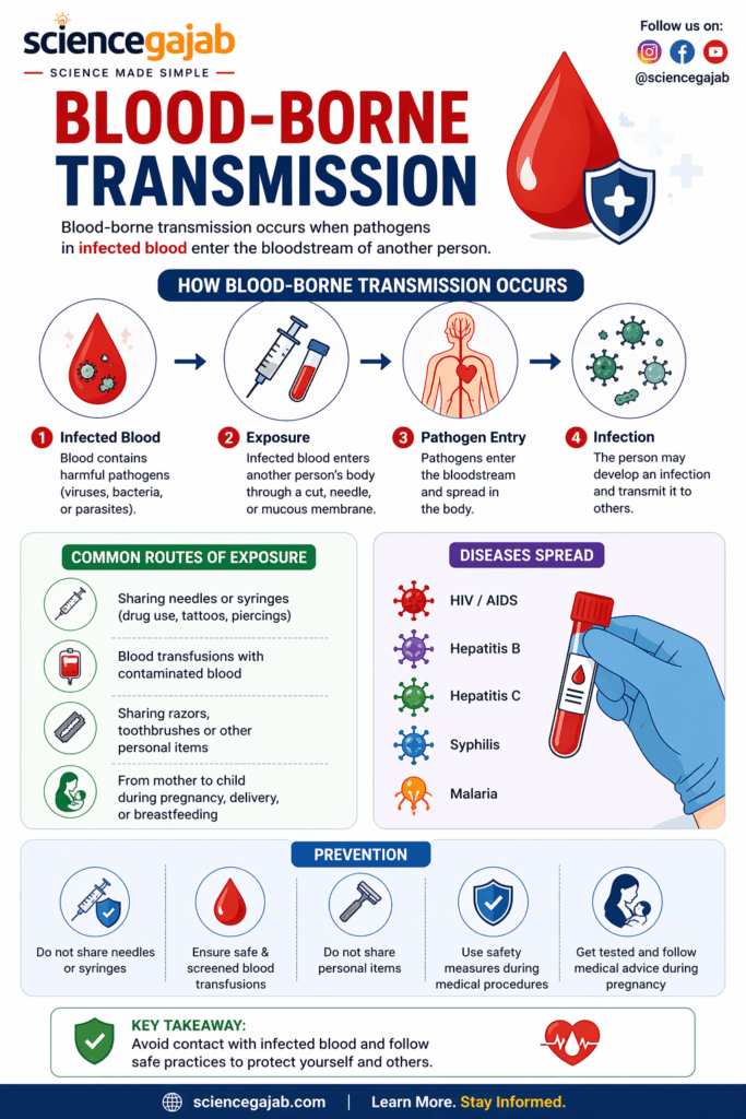Blood-borne transmission infographic showing how infections spread through contaminated blood via needles, transfusions, and direct exposure – sciencegajab