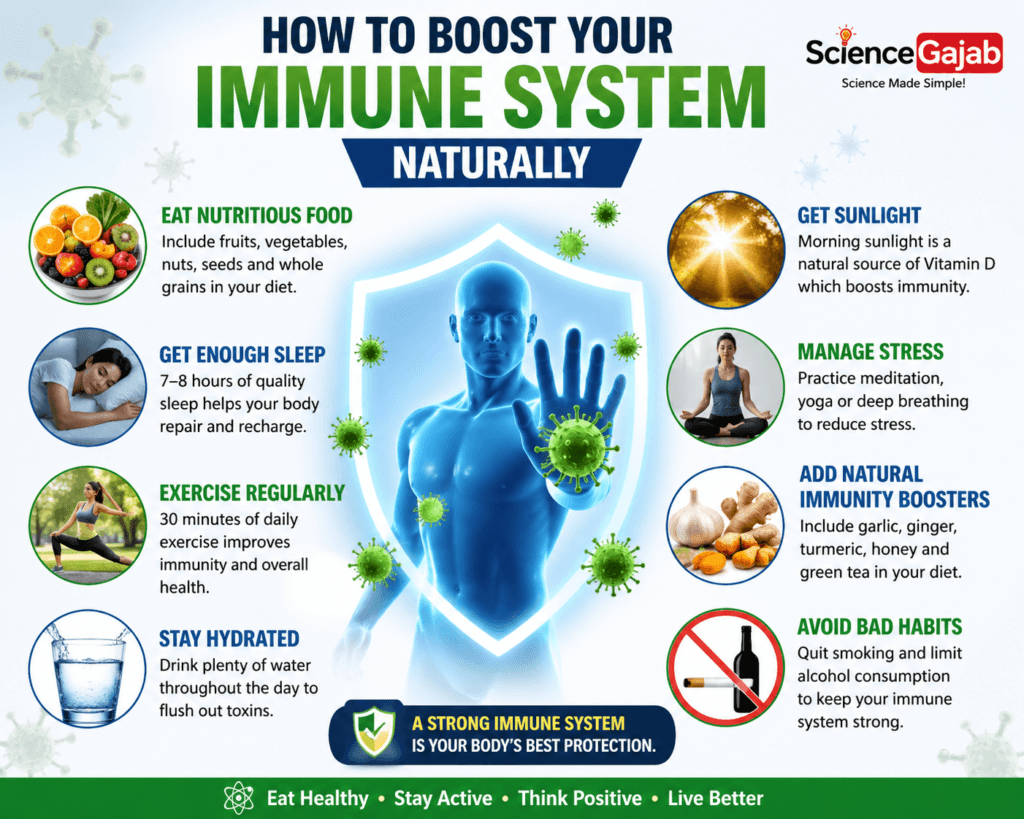 Infographic titled “How to Boost Your Immune System Naturally” showing a human body shield fighting germs, with tips like eating nutritious food, getting enough sleep, exercising regularly, staying hydrated, getting sunlight, managing stress, adding natural boosters (garlic, ginger, turmeric), and avoiding smoking and alcohol, branded for ScienceGajab.