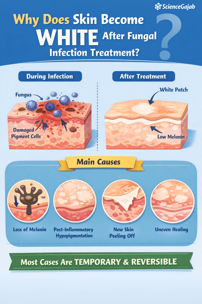 why does skin become white after fungal infection treatment infographic showing melanin loss and hypopigmentation