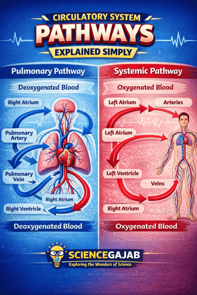 Infographic titled “Circulatory System Pathways Explained Simply” with ScienceGajab branding, showing pulmonary and systemic circulation. The left side illustrates the pulmonary pathway with deoxygenated blood moving from the right atrium and right ventricle to the lungs via the pulmonary artery and returning oxygenated via pulmonary veins. The right side shows the systemic pathway with oxygenated blood flowing from the left atrium and left ventricle through arteries to the body and returning deoxygenated blood through veins to the right atrium.
