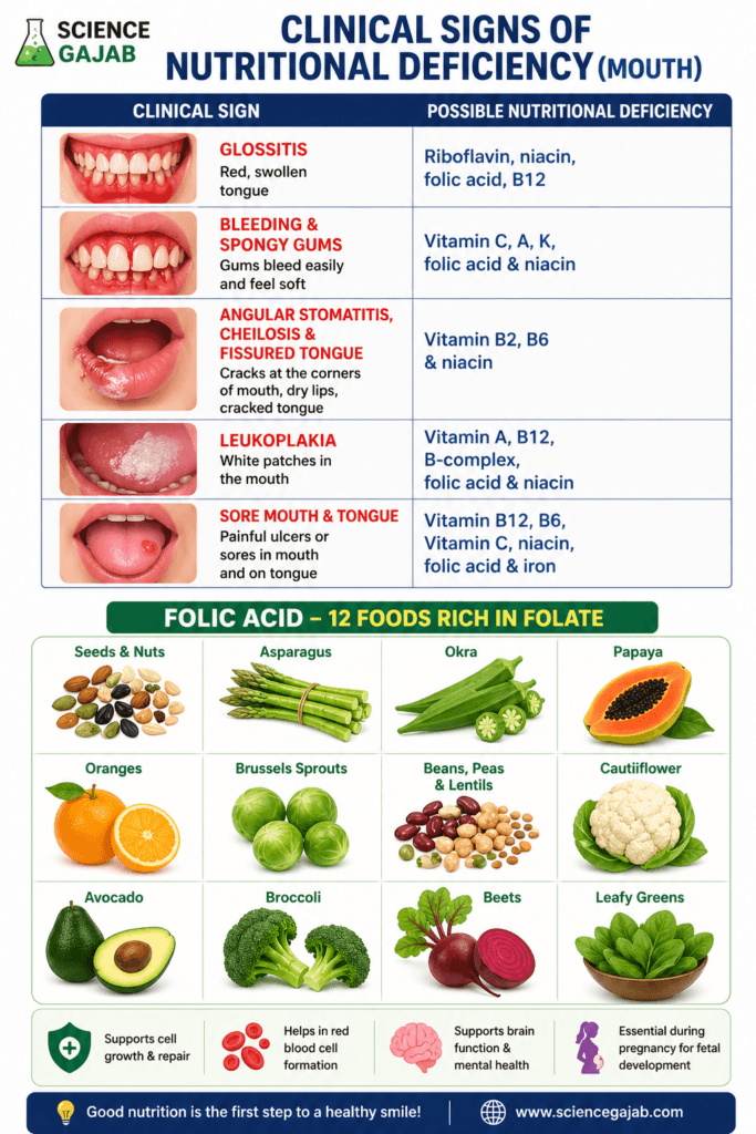 Infographic showing clinical signs of nutritional deficiency in the mouthโglossitis, bleeding gums, angular stomatitis, leukoplakia, and mouth ulcersโalong with vitamin deficiencies and 12 folate-rich foods like spinach, broccoli, beans, and avocado for better oral health.